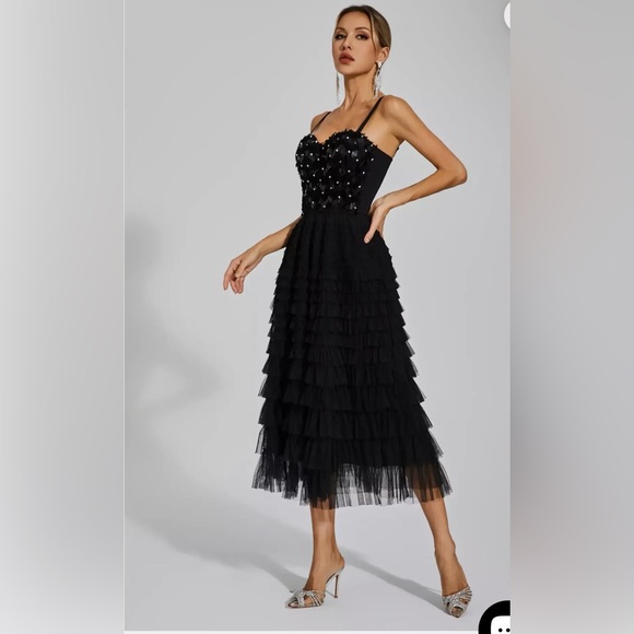 New Black Sequined Slip Party Cocktail Classy  Ruffled Dress size S - Picture 3 of 6